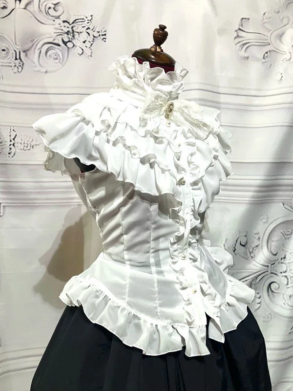 【MARBLE】マーブル クラシカルカメオタイ付きティアードフリルブラウス:白