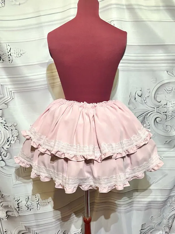 【MARBLE】マーブル チョーカー付き風パフスリーブブラウス+パ二エ入りレース飾りティアードスカート:ピンク×白レース