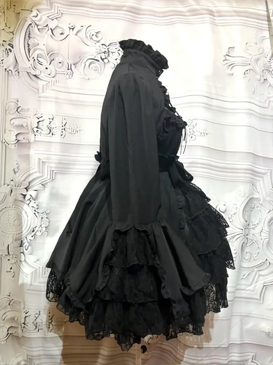 【MARBLE】マーブル 姫袖ボレロ付き配色切り替えデコラティブワンピース:黒レースワンピース×黒レースボレロ