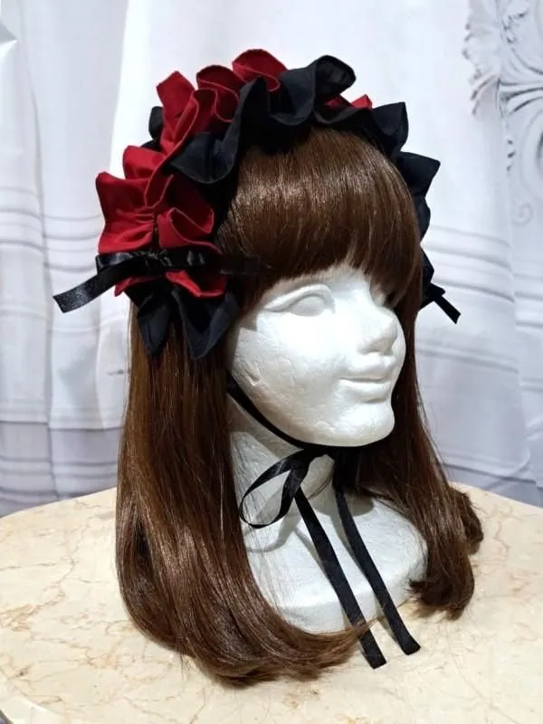 【MARBLE】マーブル フリル重ねボリュームヘッドドレス:赤×黒