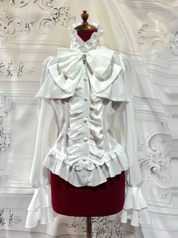 【MARBLE】マーブル ビジュー付きリボンタイフリルブラウス:白◆Lサイズ◆