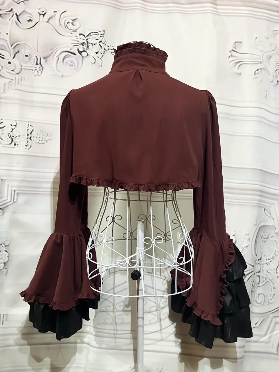 【MARBLE】マーブル ジャケット調ギャザー姫袖ボレロ:えんじ×黒フリル
