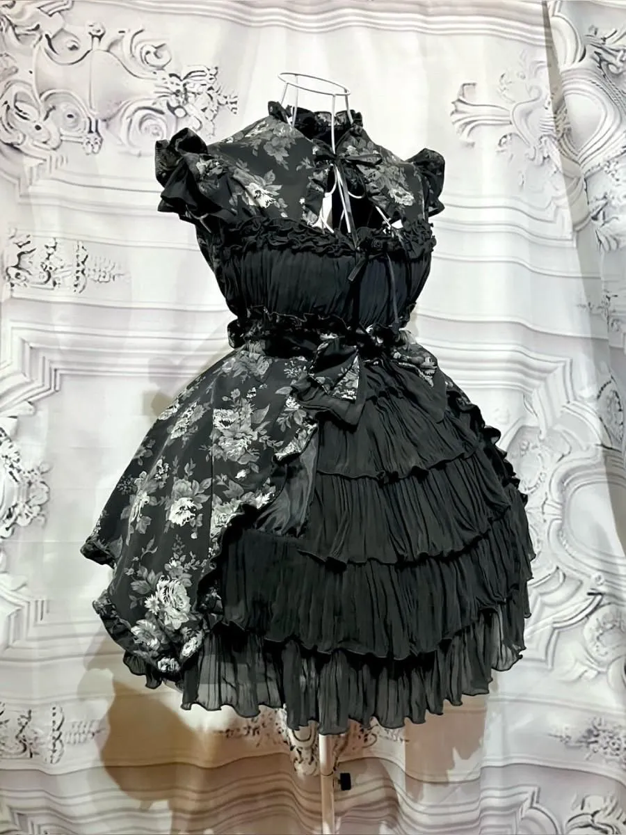 【MARBLE】マーブル 姫袖ボレロ付き配色切り替えデコラティブワンピース:グレーバラ柄ワンピース×黒ボレロ