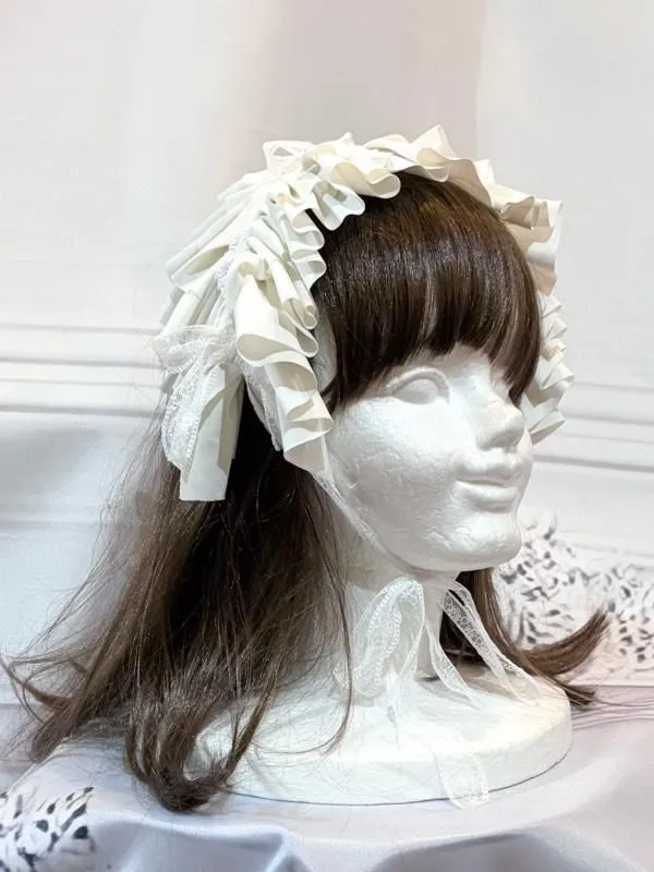 【MARBLE】マーブル リボンフリルヘッドドレス:白トリコット×白レース