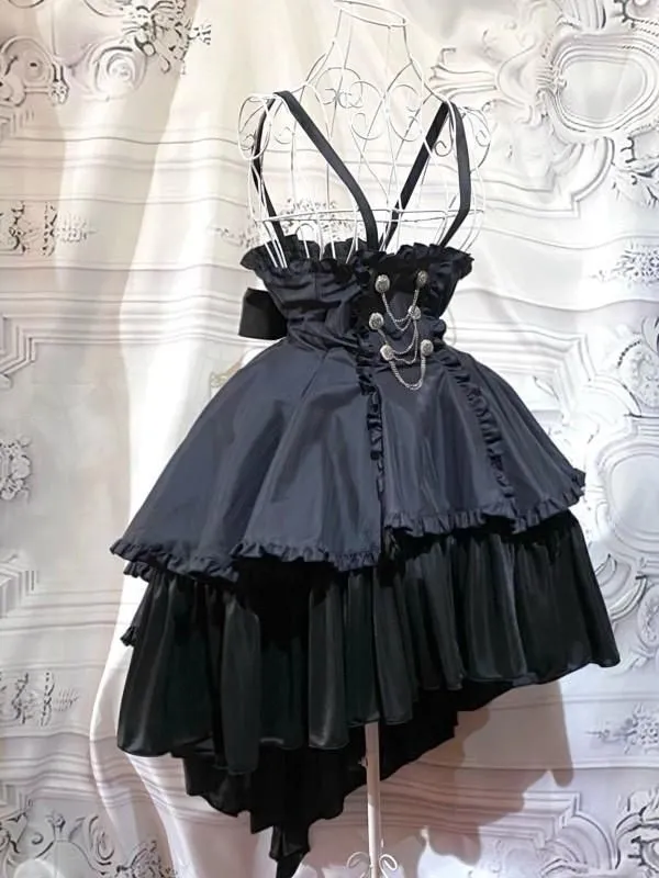 【MARBLE】マーブル エンブレム飾りチェーン付きハイウエストドレープスカート:黒ストライプ×黒フリル★SALE対象外★