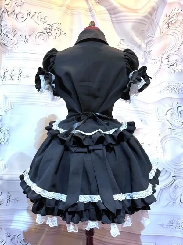 【MARBLE】マーブル ネクタイ型フリルタイ付きパフスリーブブラウス+前ギャザースカラップスカート:黒×黒タイ×白レース