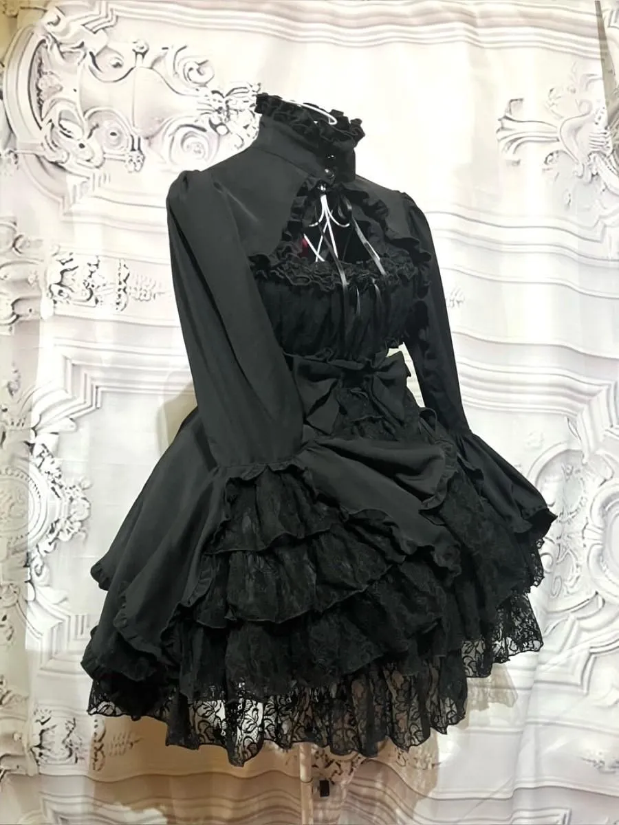 【MARBLE】マーブル 姫袖ボレロ付き配色切り替えデコラティブワンピース:黒レースワンピース×黒レースボレロ