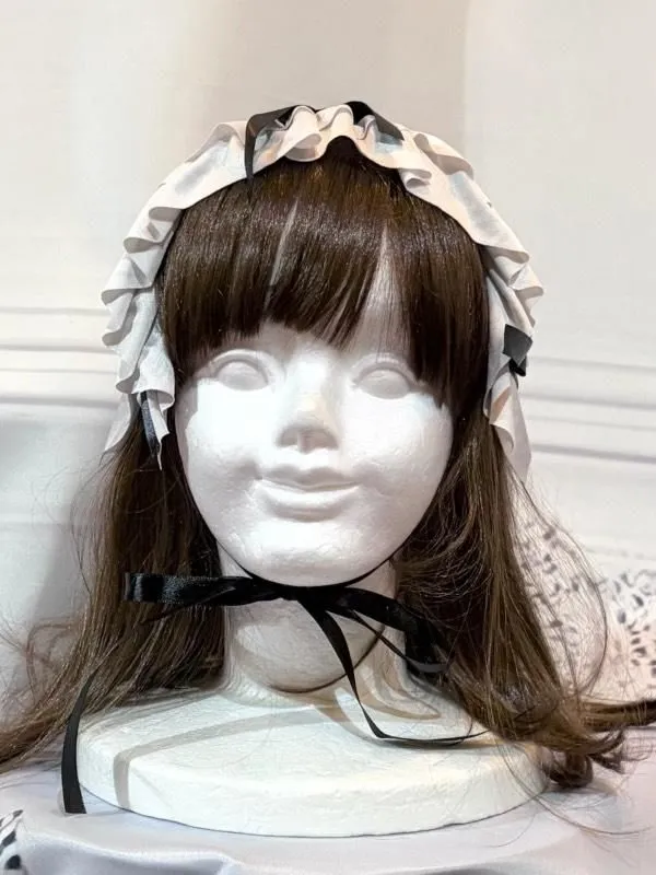 【MARBLE】マーブル リボンフリルヘッドドレス:シャンパン白グレー×黒サテンリボン