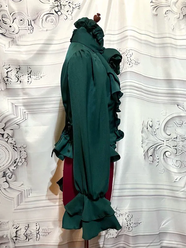 【MARBLE】マーブル ビジュー付きリボンタイフリルブラウス:緑ストライプ◆Lサイズ◆