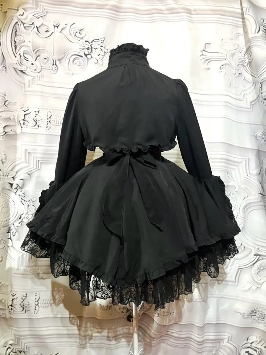 【MARBLE】マーブル 姫袖ボレロ付き配色切り替えデコラティブワンピース:黒レースワンピース×黒レースボレロ