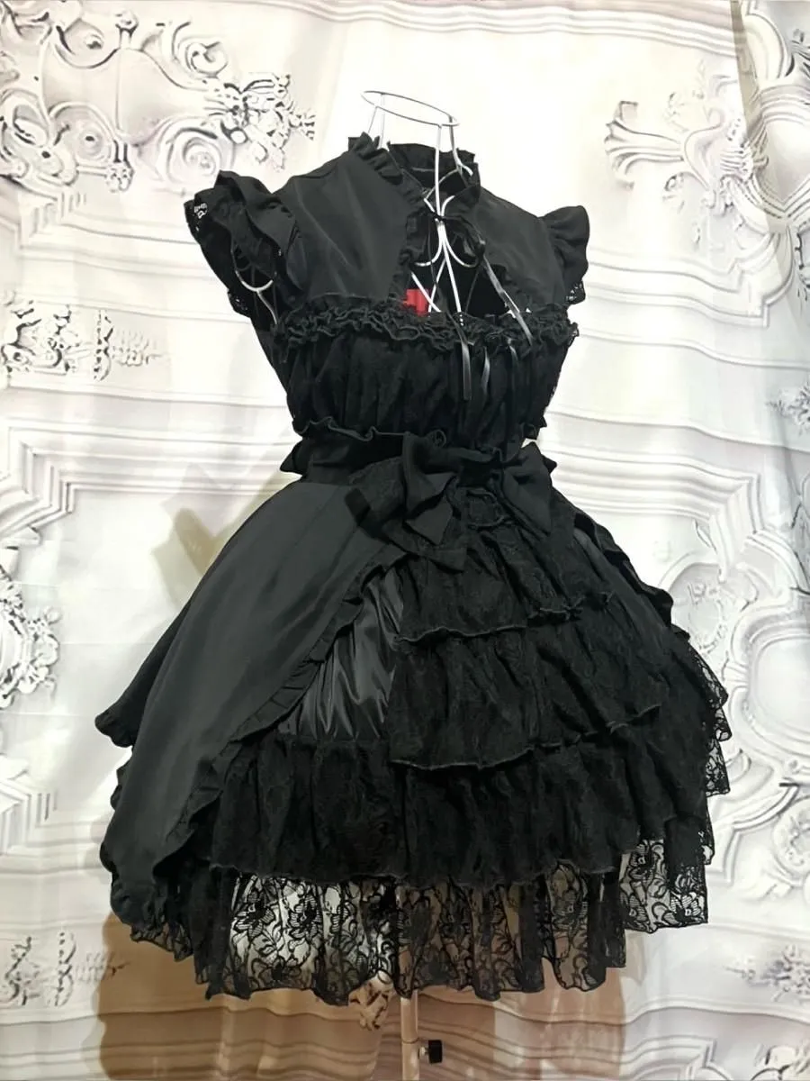 【MARBLE】マーブル 姫袖ボレロ付き配色切り替えデコラティブワンピース:黒レースワンピース×黒レースボレロ