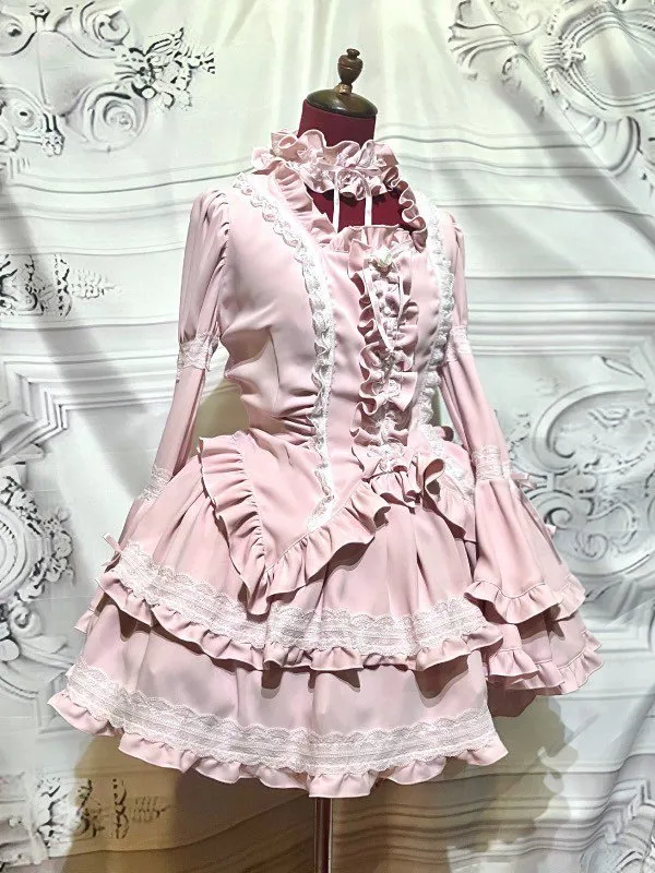 【MARBLE】マーブル チョーカー付き風パフスリーブブラウス+パ二エ入りレース飾りティアードスカート:ピンク×白レース