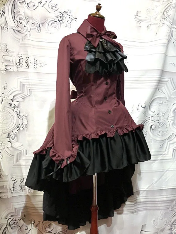 【MARBLE】マーブル ゴシック調ダイヤカットタイ付きブラウス型ワンピース:えんじ×黒石