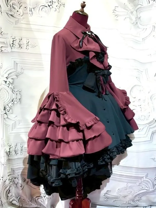 【MARBLE】マーブル ドレープタイ付きゴシックエレガンスブラウスワンピース:えんじ×黒