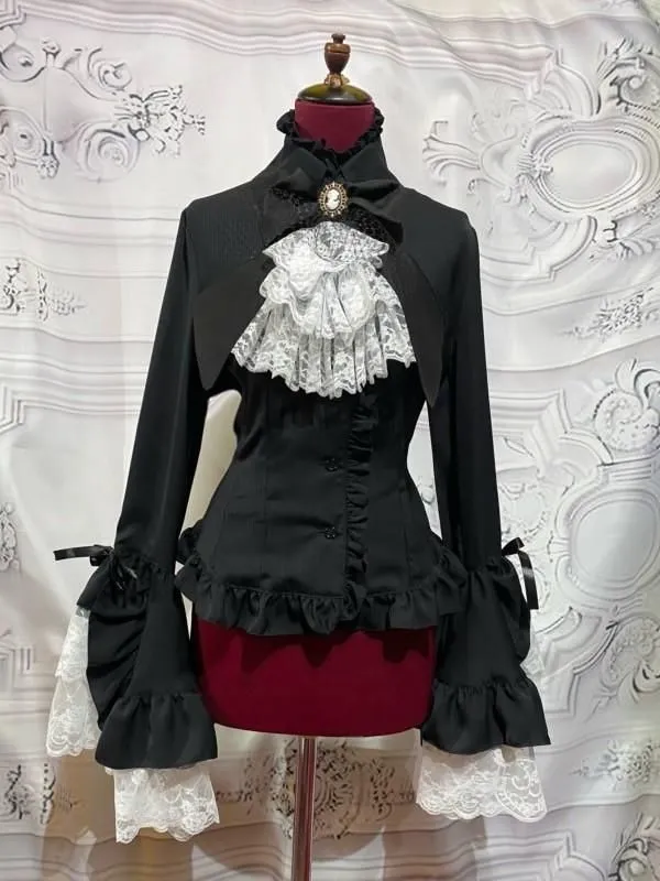 【MARBLE】マーブル 別タイ付きクラシカルデコレーションブラウス:黒ストライプ×黒×白レース