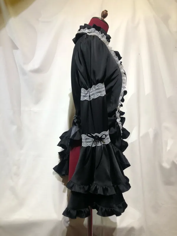 【MARBLE】マーブル チョーカー付き風パフスリーブブラウス+パ二エ入りレース飾りティアードスカート:黒×白レース