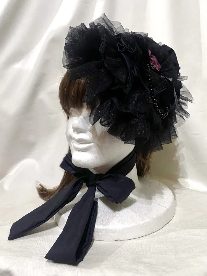 【MARBLE】マーブル パール付きロマンティックボンネット:黒×ボルドーバラ×黒フリル×黒レース×黒パール