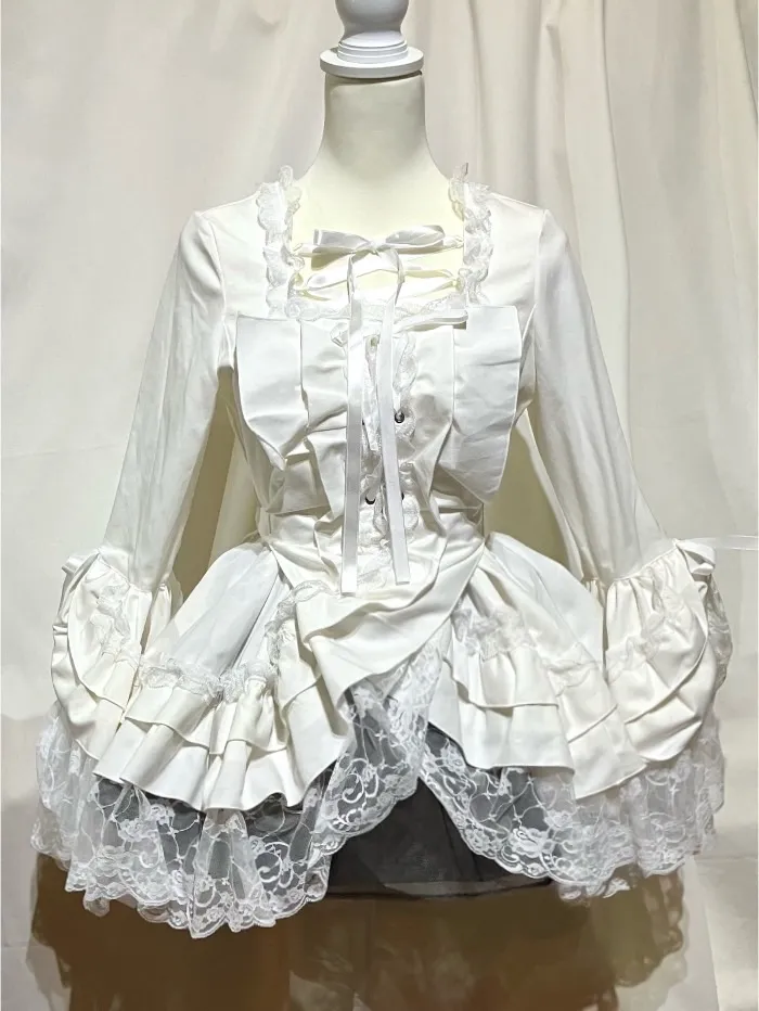 【MARBLE】マーブル 編み上げ総フリルドレスワンピース:白×白レース