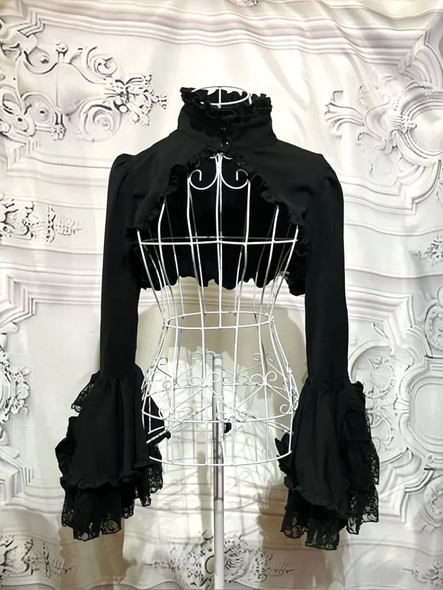 【MARBLE】マーブル 姫袖ボレロ付き配色切り替えデコラティブワンピース:黒レースワンピース×黒レースボレロ
