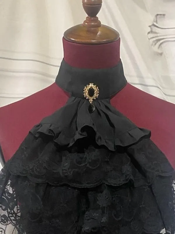 【MARBLE】マーブル アンティークブローチ付きゴシック調レースタイ:黒×黒石アンティークゴールド