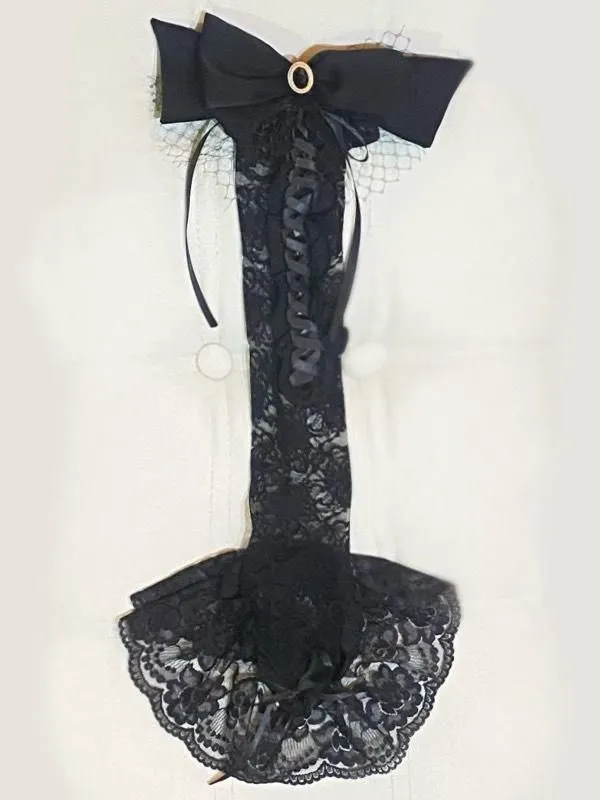 【MARBLE】マーブル コサージュ付きクラシカル編み上げグローブ:黒レース×黒石