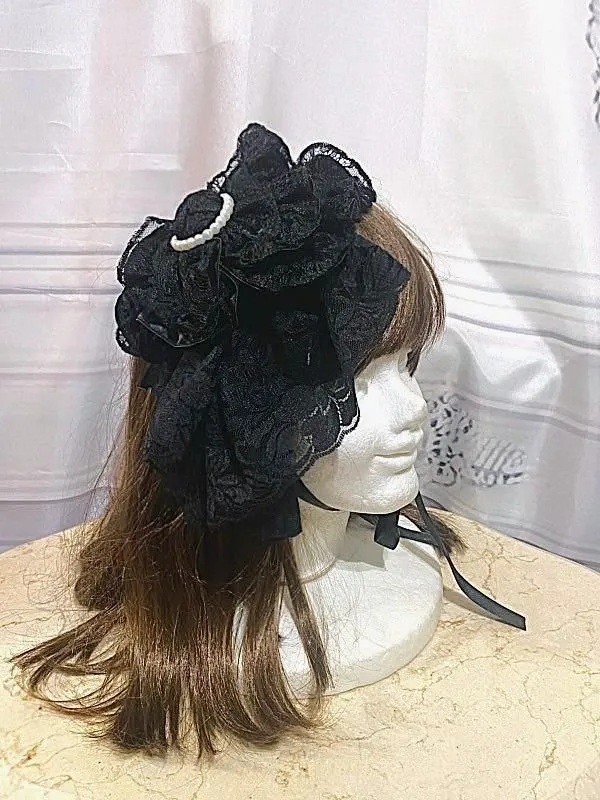【MARBLE】マーブル パールバックルドレッシーヘッドドレス:黒サテン×黒レース×白パール