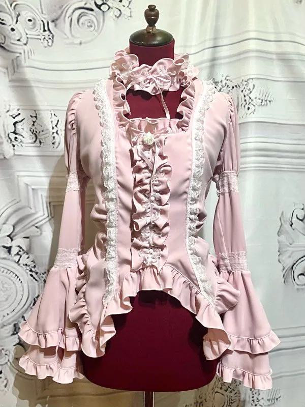 【MARBLE】マーブル チョーカー付き風パフスリーブブラウス+パ二エ入りレース飾りティアードスカート:ピンク×白レース