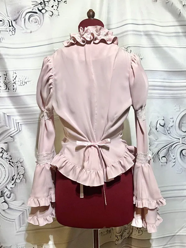 【MARBLE】マーブル チョーカー付き風パフスリーブブラウス+パ二エ入りレース飾りティアードスカート:ピンク×白レース