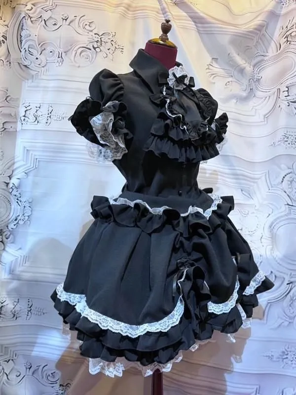 【MARBLE】マーブル ネクタイ型フリルタイ付きパフスリーブブラウス+前ギャザースカラップスカート:黒×黒タイ×白レース