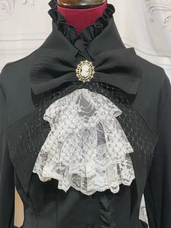 【MARBLE】マーブル 別タイ付きクラシカルデコレーションブラウス:黒×黒ストライプ×白レース