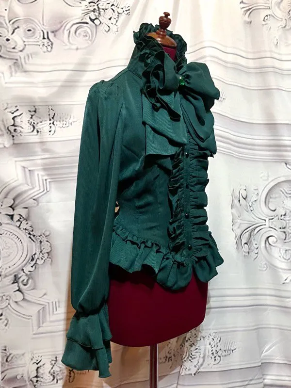 【MARBLE】マーブル ビジュー付きリボンタイフリルブラウス:緑ストライプ◆Lサイズ◆