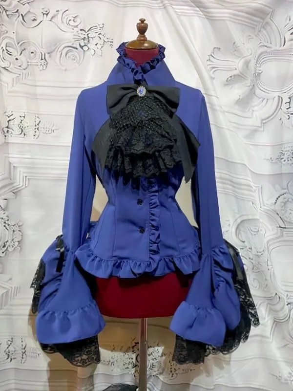 【MARBLE】マーブル 別タイ付きクラシカルデコレーションブラウス:紺×黒レース