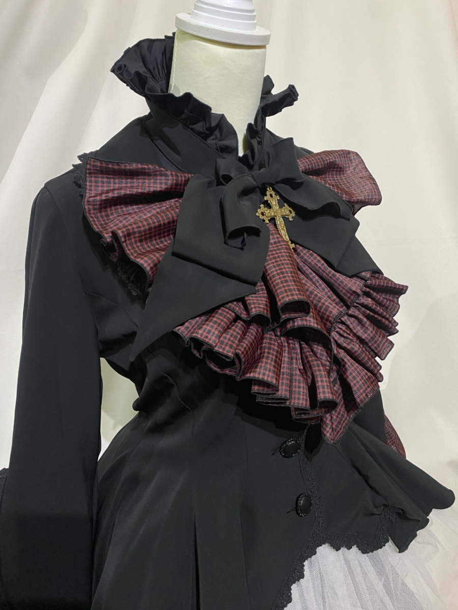 【MARBLE】マーブル ボリュームタイ付きブラウス付き風ジャケット:黒赤チェック