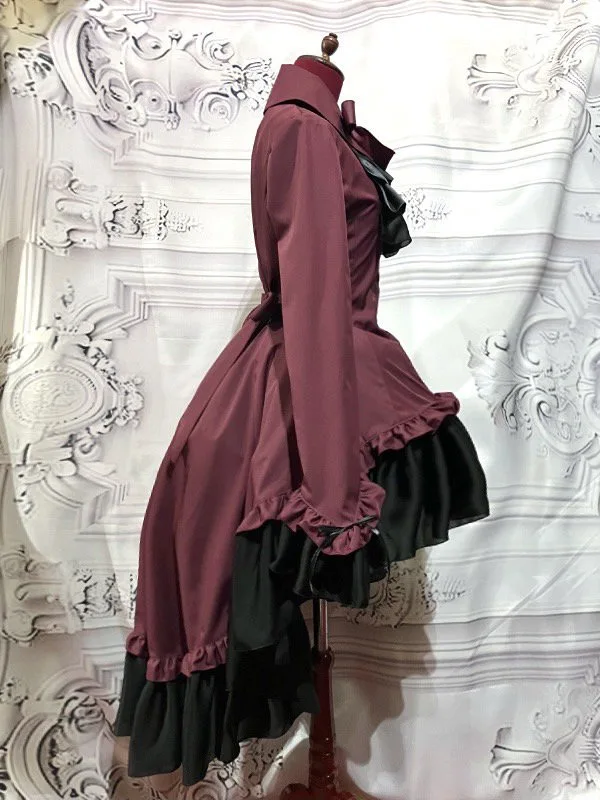 【MARBLE】マーブル ゴシック調ダイヤカットタイ付きブラウス型ワンピース:えんじ×黒石