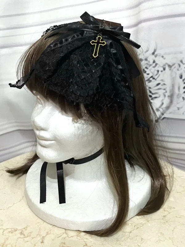 【MARBLE】マーブル クラシカルカメオコサージュ付き3WAYヘッドドレス:黒×黒ネット(穴あきゴールド十字架)