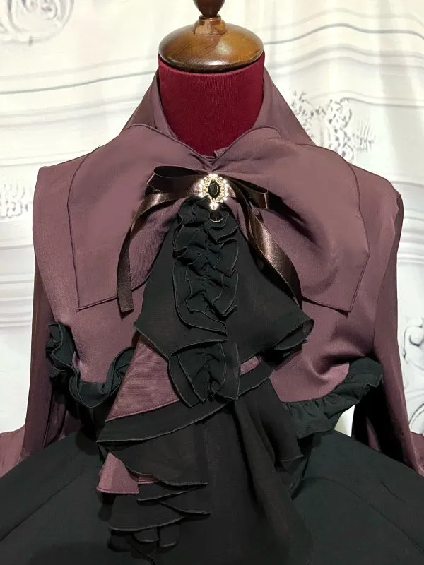 【MARBLE】マーブル ドレープタイ付きゴシックエレガンスブラウスワンピース:ボルドー×黒 LLサイズ