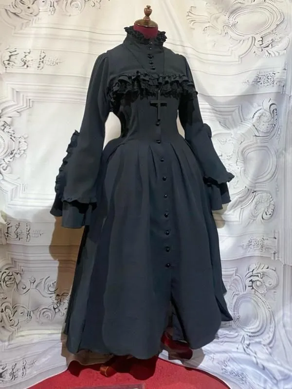 【MARBLE】マーブル クラシカル調ロングブラウスワンピース+ショート丈モダンジャケット+十字架ネックレス:黒×黒