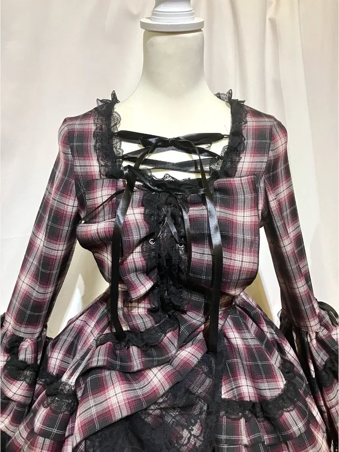 【MARBLE】マーブル 編み上げ総フリルドレスワンピース:黒赤チェック×黒レース