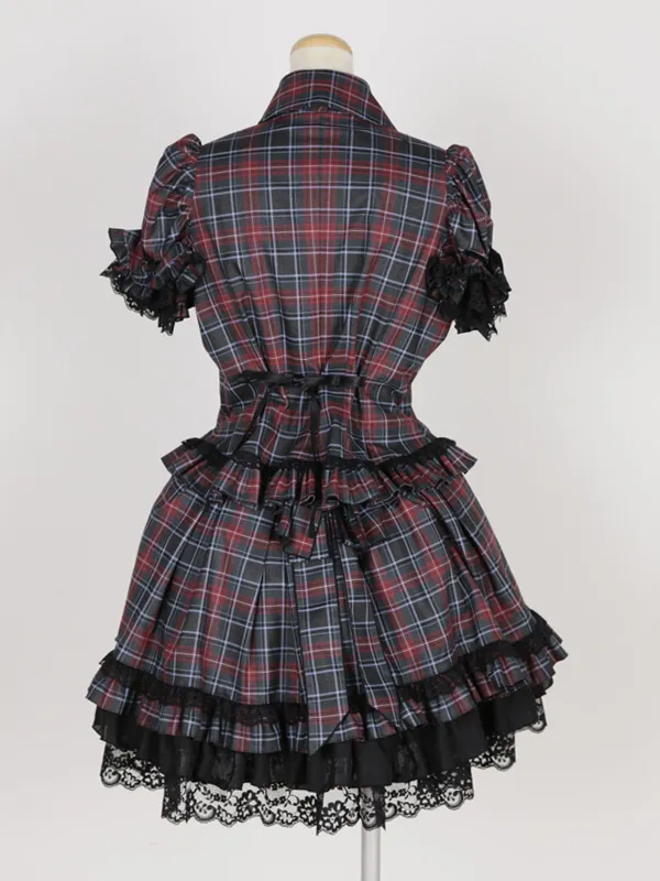 【MARBLE】マーブル ネクタイ型フリルタイ付きパフスリーブブラウス+前ギャザースカラップスカート:黒えんじチェック×黒タイ×黒レース