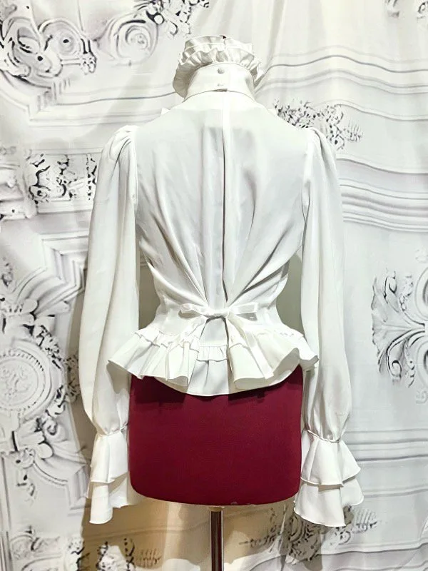 【MARBLE】マーブル ビジュー付きリボンタイフリルブラウス:白