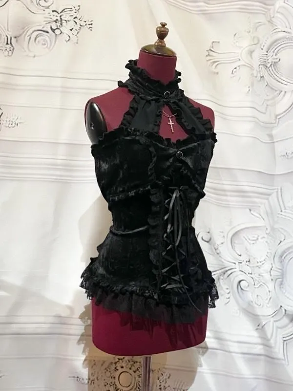 【MARBLE】マーブル アクセサリー付き編み上げビスチェ:黒ベロア×黒