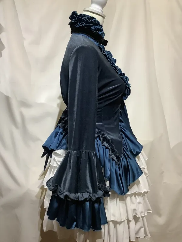 【MARBLE】マーブル 別カメオタイ付きブラウス付き風フリルカーディガン:青ベロア