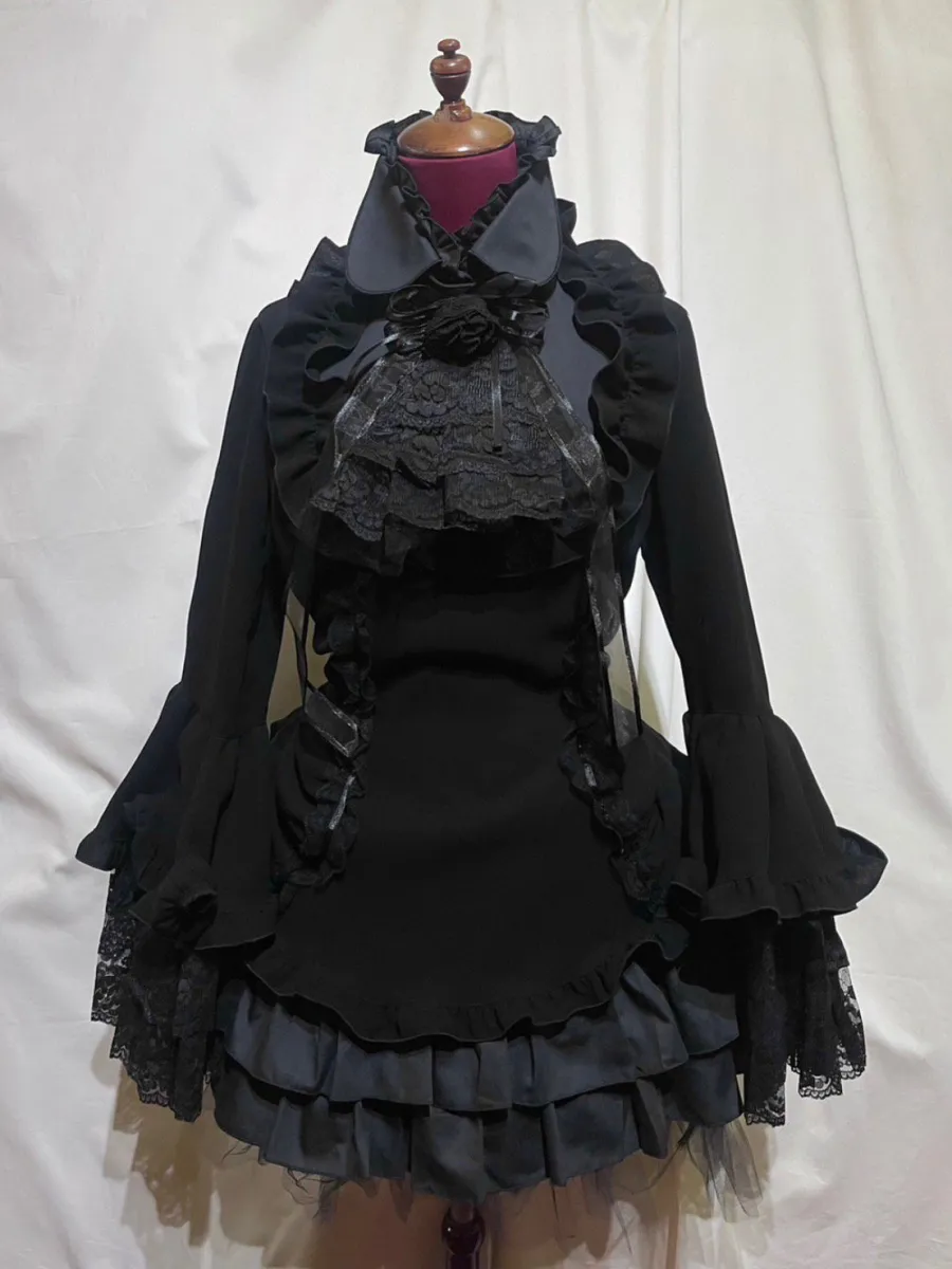 【MARBLE】マーブル リボンデコレーション・クラシックタイ付きサイドタックドレスワンピース:黒×黒チュール