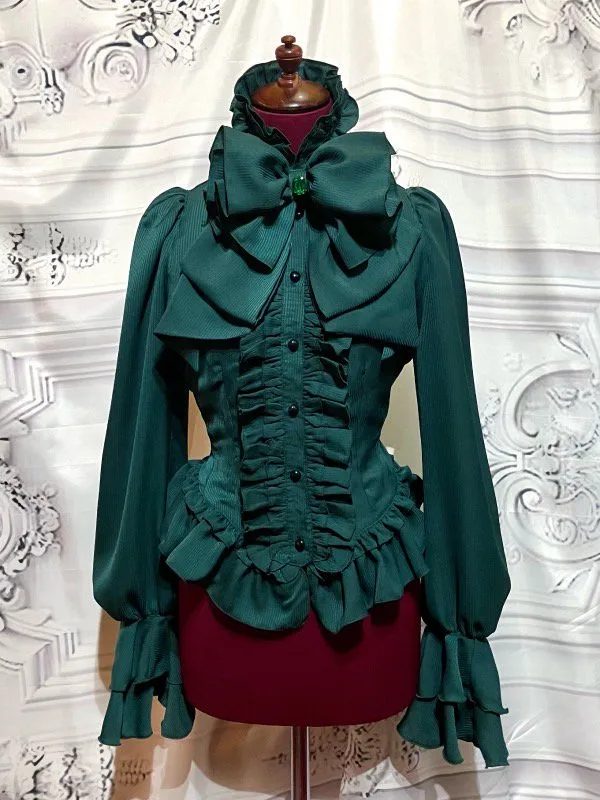 【MARBLE】マーブル ビジュー付きリボンタイフリルブラウス:緑ストライプ