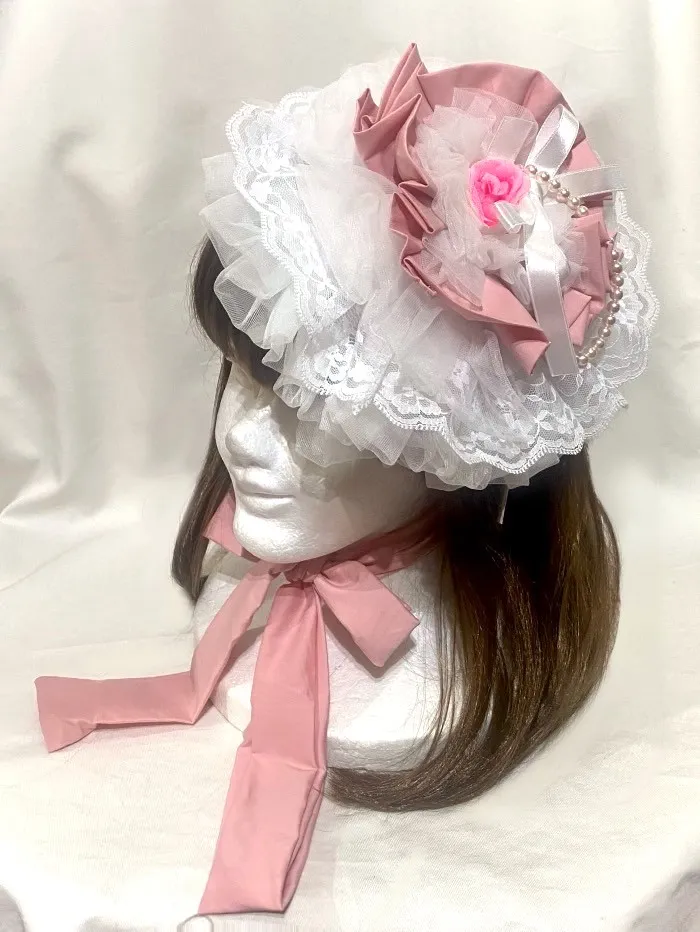 【MARBLE】マーブル パール付きロマンティックボンネット:ピンク×ピンクバラ×白フリル×白レース×ピンクパール