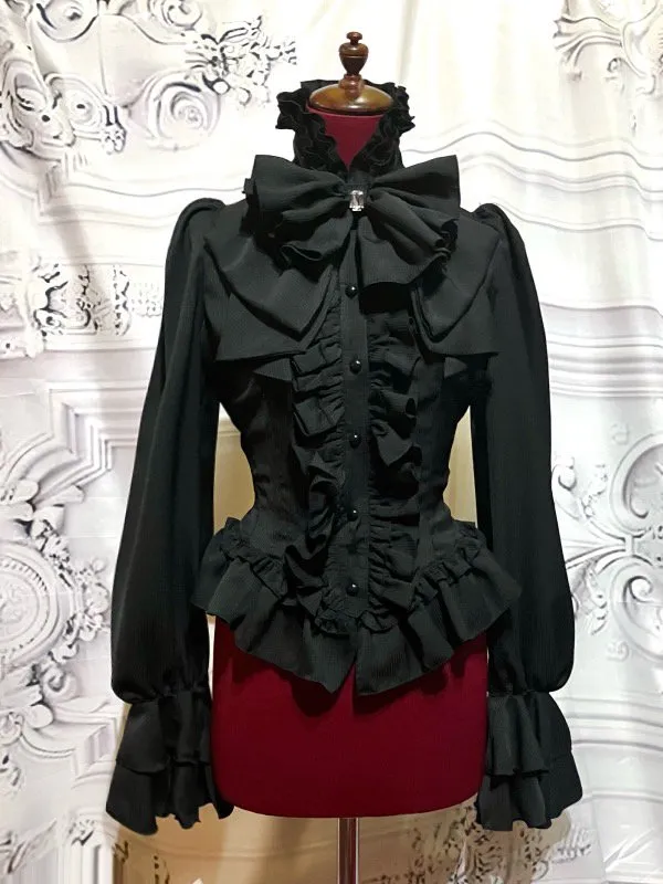 【MARBLE】マーブル ビジュー付きリボンタイフリルブラウス:黒ストライプ