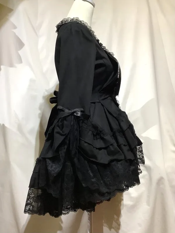 【MARBLE】マーブル 編み上げ総フリルドレスワンピース:黒×黒レース