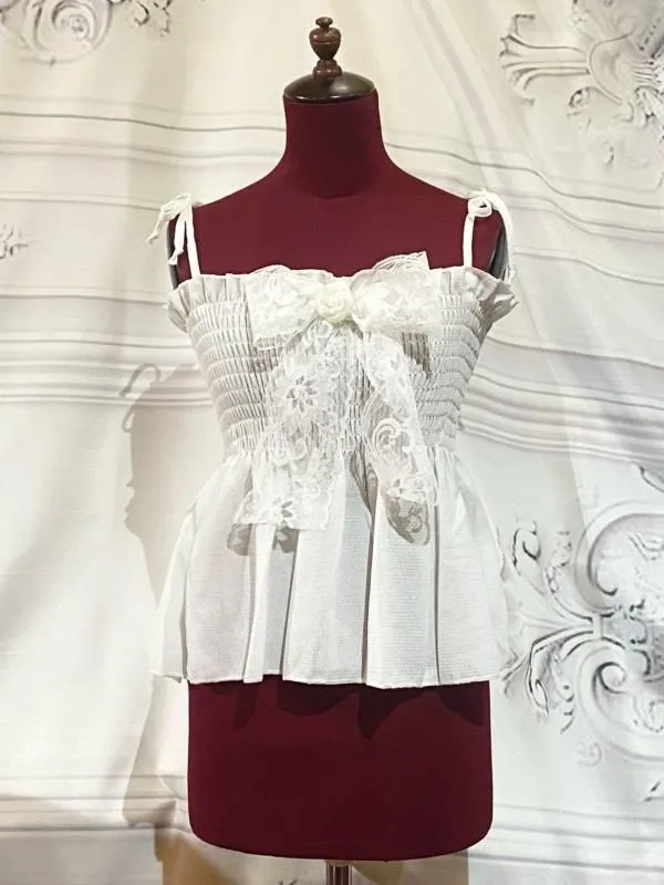 【MARBLE】マーブル 肩ひもリボンバラ付きシャーリングキャミソール:白×白バラ