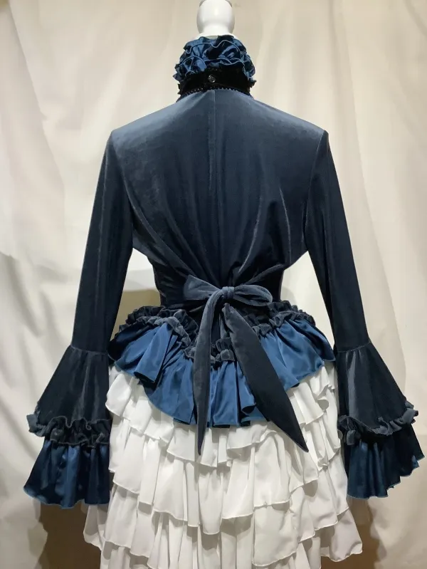 【MARBLE】マーブル 別カメオタイ付きブラウス付き風フリルカーディガン:青ベロア