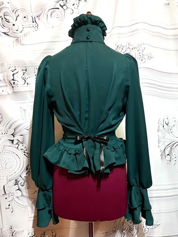 【MARBLE】マーブル ビジュー付きリボンタイフリルブラウス:緑ストライプ